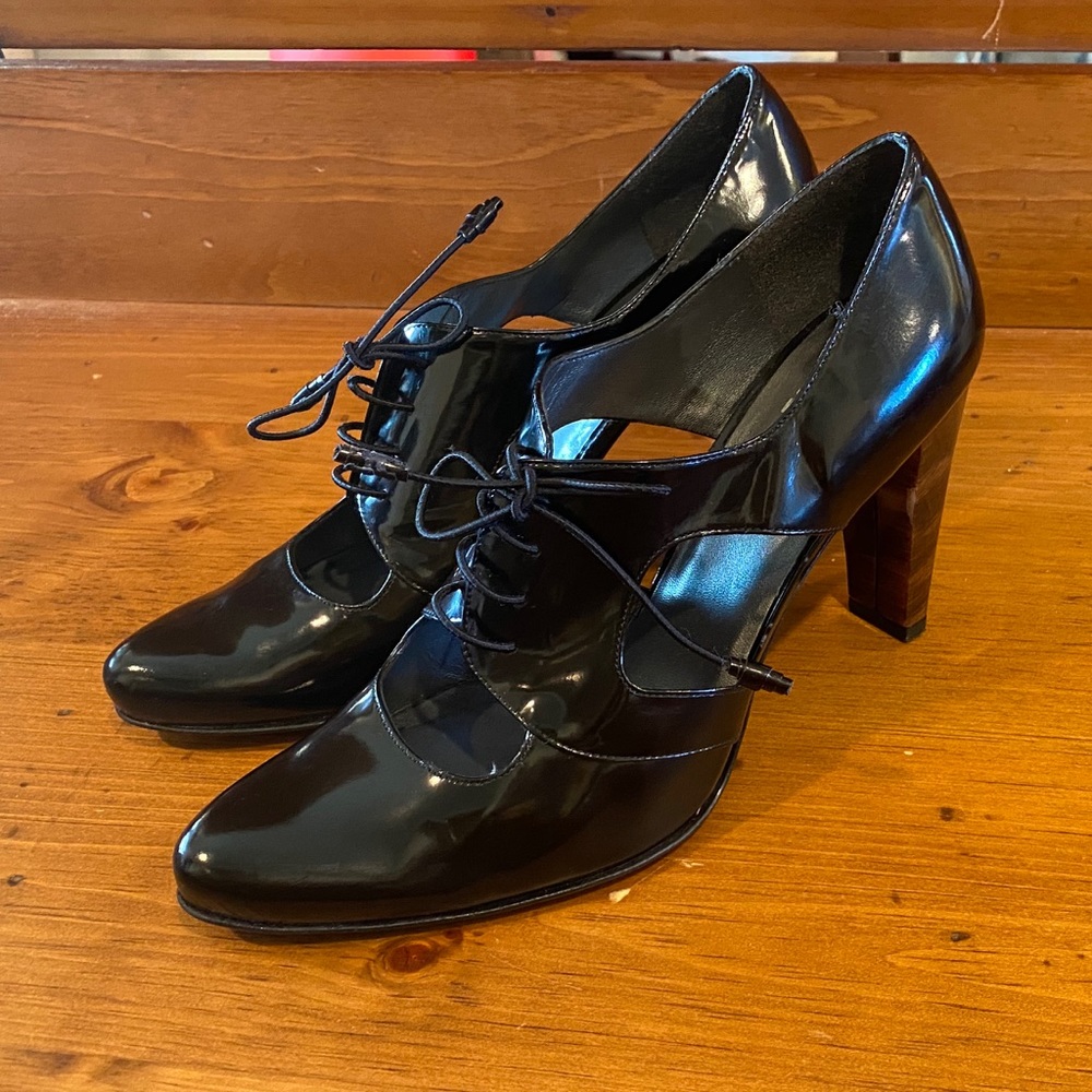 Stuart Weitzman Black Patent Leather Lace Up Heels